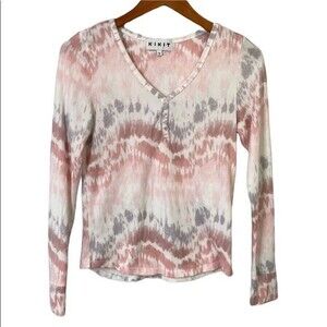 Kikit Colorful Pastel Tie Dye 1/4 Button Henley V-Neck Top Long Sleeves Soft